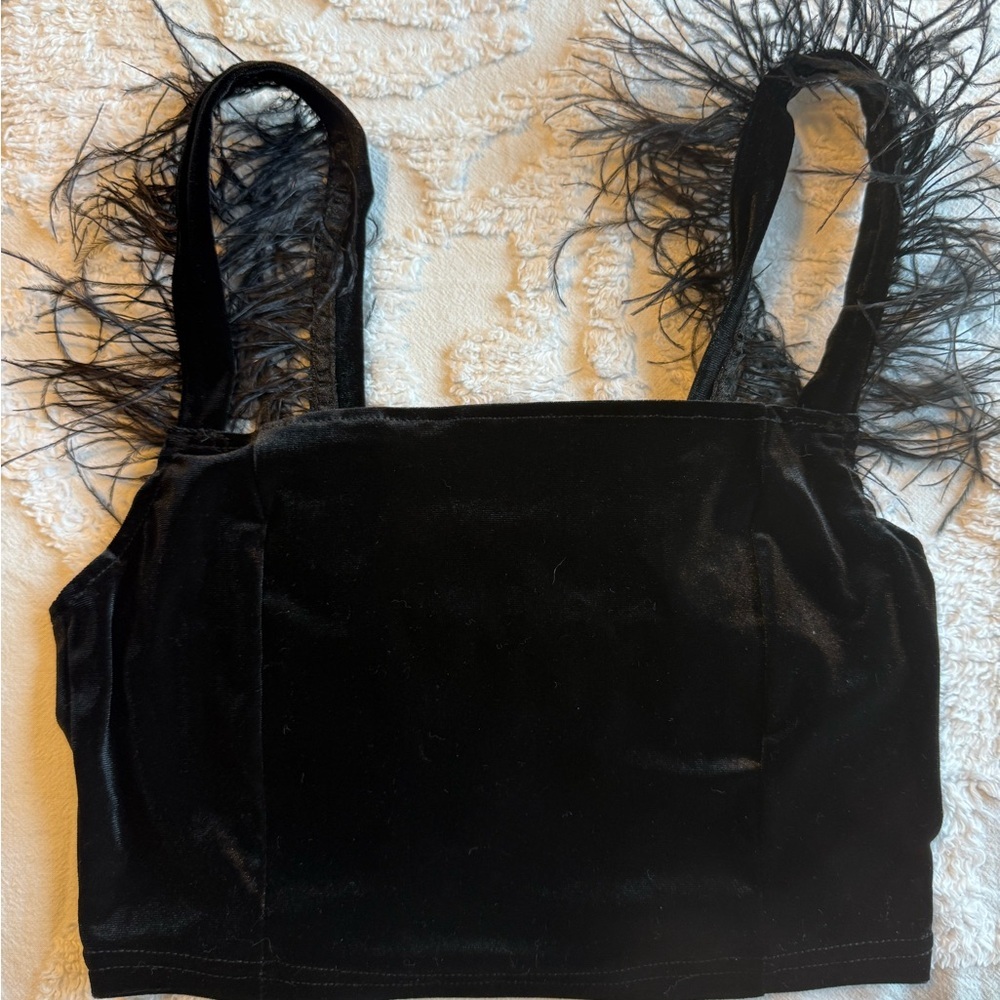 SHEIN Black Velvet Bandeau with Feather Detail size Small B33